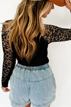 Mock Neck Long Sleeve Lace Patchwork T-Shirt