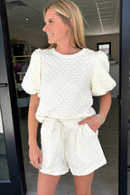 White Solid Color Checkered Texture Short 2pcs Outfit