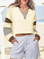 Color‑Block Cropped Polo V‑Neck Sweatshirt