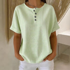 Women's Cotton Linen Striped T-Shirt – V-Neck, Button Detail, Loose Fit