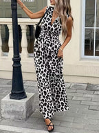 Sleeveless V-Neck Leopard Print Wide Leg Jumpsuit