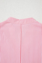 Pink Stripe Notched Neck Frilled Short Puff Sleeve Blouse