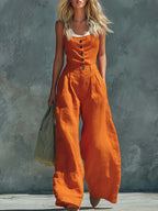 Women's Retro Button-Front High-Waist Wide-Leg Jumpsuit