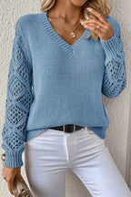 Black Solid V Neck Pointelle Knit Sleeve Patchwork Sweater
