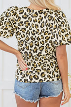 Leopard Bow Tie Front Puff Sleeve Peplum Blouse