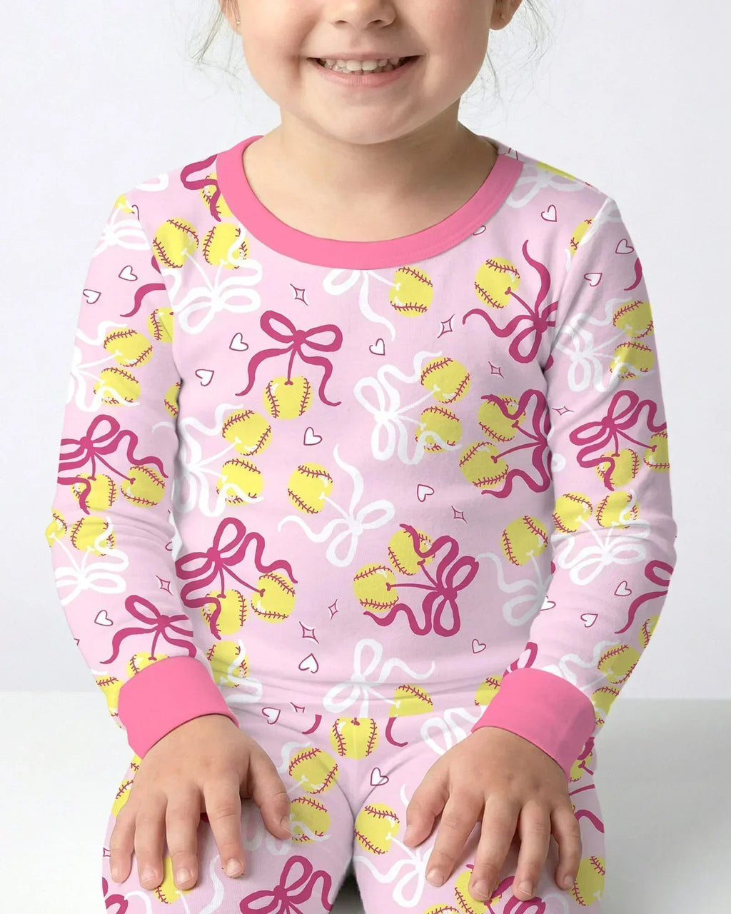 Softball Cherry Mom And Girl Matching Bamboo Two Piece Long Sleeve Pajama Set