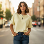 Women's Cotton Linen Striped T-Shirt – V-Neck, Button Detail, Loose Fit