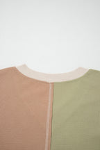 Green Plus Mixed Texture Color Block Patchwork V Neck Long Sleeve Top