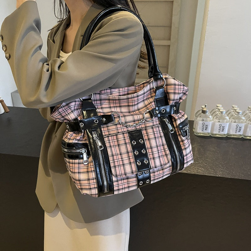 Plaid Crossbody Bag with Rivet Details