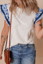 Rose Floral Striped Patchwork Flutter Sleeve Blouse