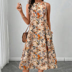 Floral Print A-Line Midi Dress with Pockets | Boho Vintage