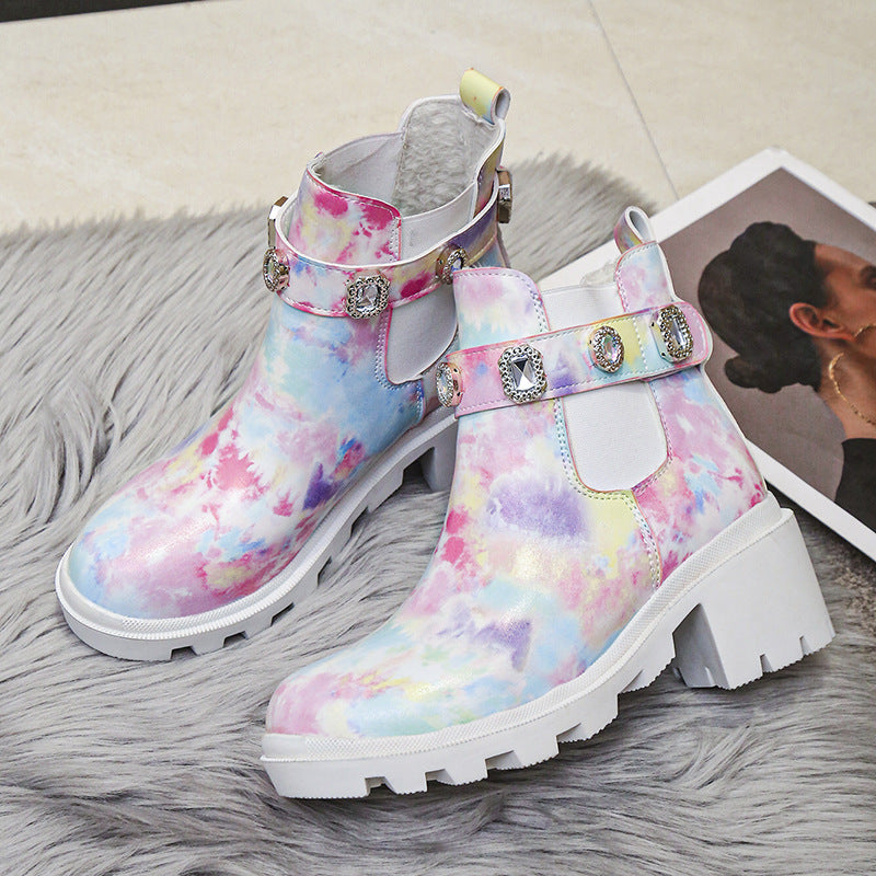 Rhinestone Chunky Heel Ankle Boots