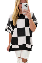 Light French Beige Checkered Pattern Loose Short Sleeve Sweater