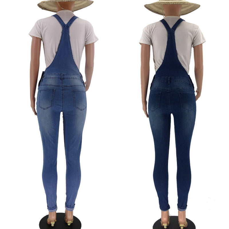 Womens Ripped Washed Denim Overalls