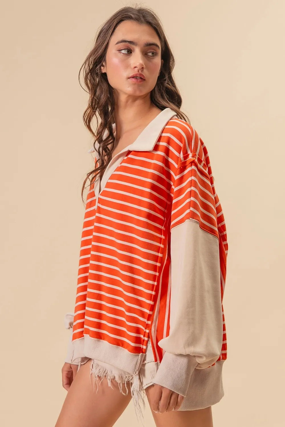 BiBi Stripe Knit Loose Fit Top With Cut Edge Detail