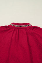 Racing Red Leopard Jacquard Print V Neck Textured Blouse