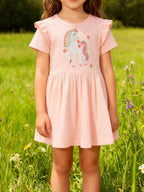 Children's Cute Unicorn Applique Ruffle Sleeve Dress