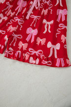 Red Sweet Bow Print Ruffled Short Sleeve Shirt Shorts 2pcs Pajama Set