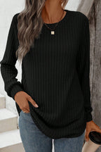 Black Ribbed Texture Round Neck Long Sleeve Rounded Hem Knit Top