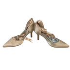 Womens Size 10 Champagne 3" Heel Closed Pointed Toe Pearl Ankle Tie Shoes