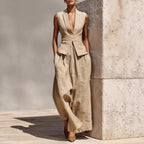 Women's Linen V-Neck Sleeveless Tank Top & Long Pants Set