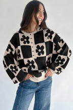 Black Flower Plaid Henley Baggy Sweater