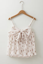 White Floral Pleated Big Bow Back Spaghetti Straps Tank Top