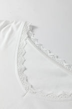 White Lace Trim V Neck Cuffed Long Sleeve Loose Top