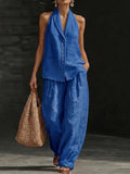 Women's Sleeveless Vest & Wide-Leg Pants Cotton-Linen Two-Piece Set