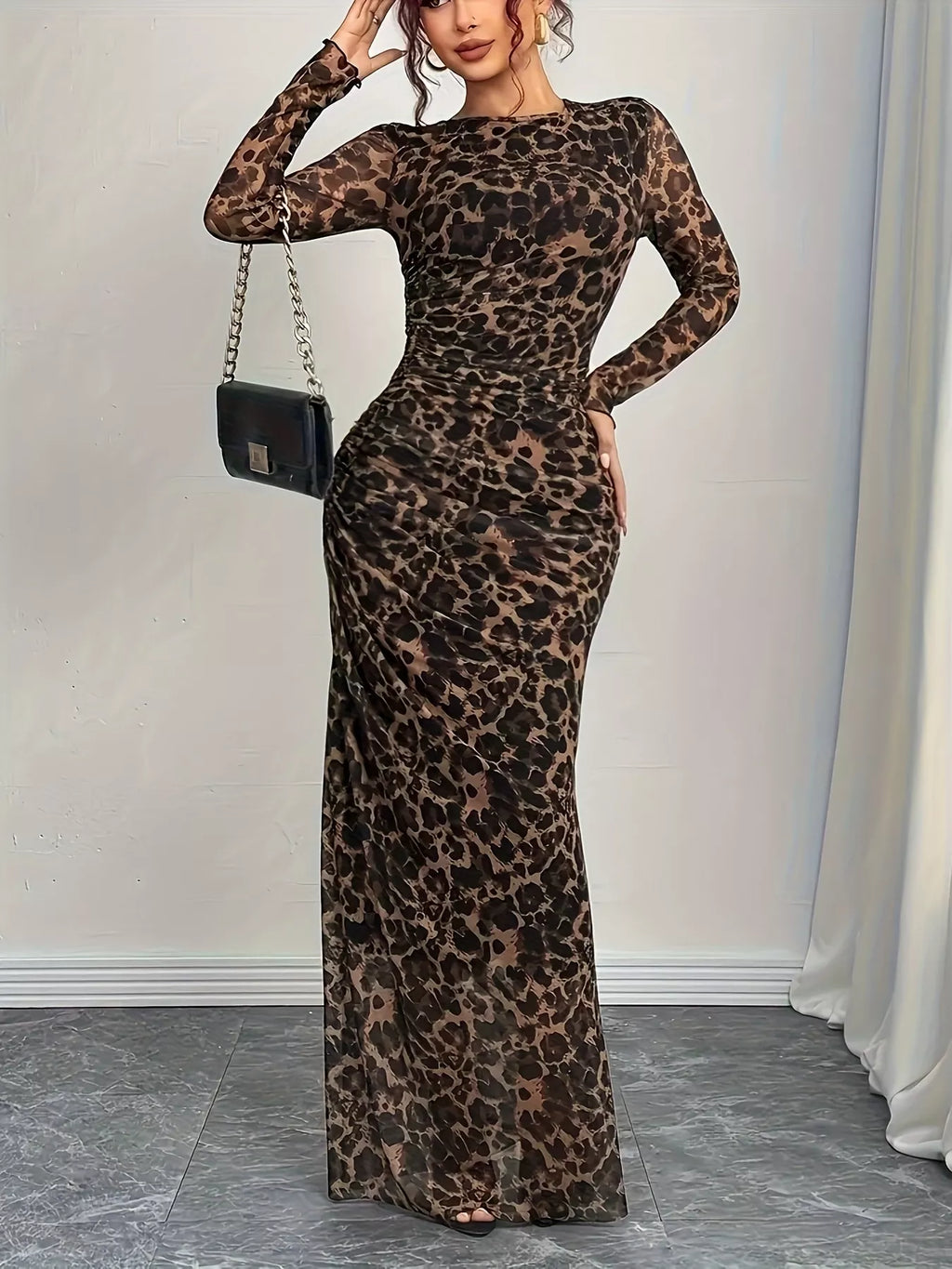 Leopard Print Long Sleeve Maxi Dress
