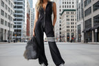 Women's Sporty Retro Lace-Up Striped Sleeveless Hooded Jumpsuit – Wide Flare Leg