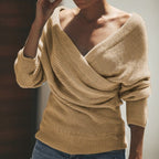 Women's Off-Shoulder Crossover Knit Sweater – Slim Fit Long Sleeve