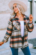 Green Geometric Plaid Print Pocketed Shacket