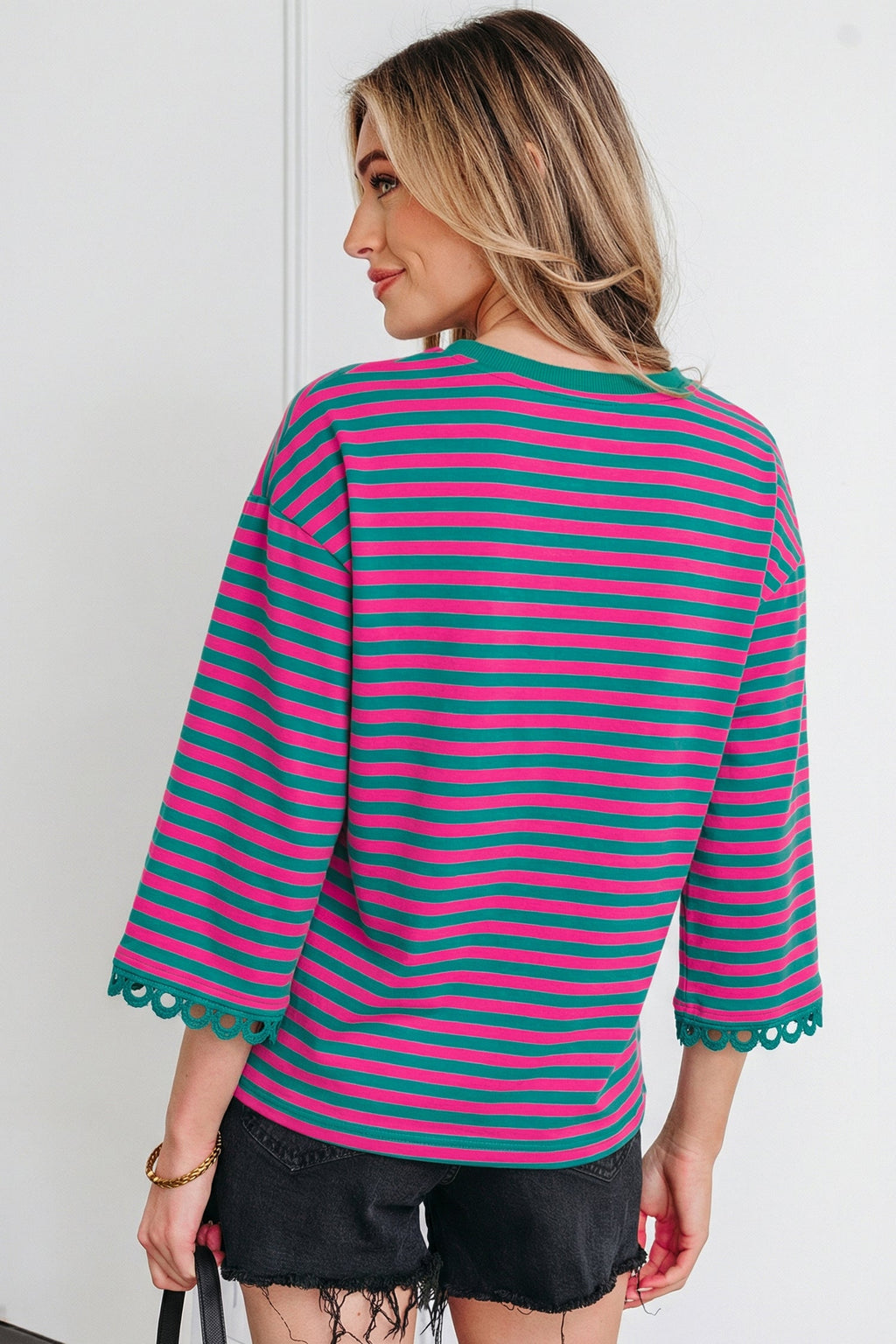 Sachet Pink Striped Print Drop Shoulder Lace Trim Bracelet Sleeve Loose Top