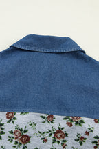 Gray Retro Floral Print Denim Patchwork Buttoned Polo Collar Top