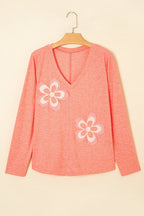 Fresh Salmon Floral Patched V Neck Long Sleeve Top