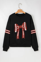 Black Varsity Baseball Bow Graphic Striped Sleeve Baggy Sweatshirt