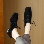 Women's Retro Sheepskin Square Toe Chunky Heel Pumps – Lace-Up Mid Heel