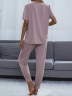 Shiny Round Neck Short Sleeve Top and Pants Set