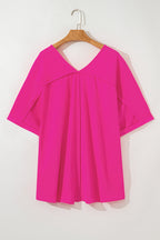 Bright Pink Seamed Back High Low Hem V Neck Cuffed Sleeve Plus Size Tee
