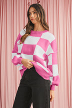 Dark Brown Plaid Bishop Sleeve Pullover Sweater