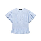 Women's Ruffle-Trim Puff-Sleeve Blouse Top – Slim-Fit Elegant