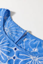 Sky Blue Eyelet Flower Embroidery Frilled Short Puff Sleeve Blouse
