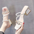 Women's Korean Style Rhinestone Single Strap Slide Sandals – Mid Chunky Heel