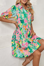 Pink Floral Puff Sleeve Collar Buttoned Babydoll Dress