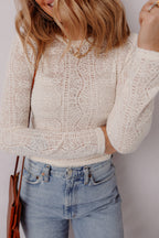 Light Pink Semi Sheer Lace Long Sleeve Cropped Top