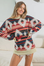 BiBi Aztec Print Mirr Mock Neck Lslv Top