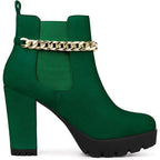 Allegra K Womens Size 7 Green 4" Heel Boots Round Toe Gold Ankle Chain Shoes