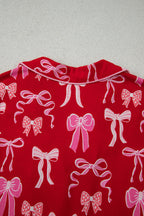 Red Sweet Bow Print Ruffled Short Sleeve Shirt Shorts 2pcs Pajama Set