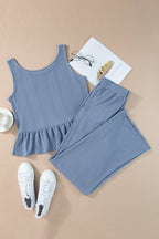 Duffel Green Solid Color Ribbed Ruffle Tank Top and Pants Set